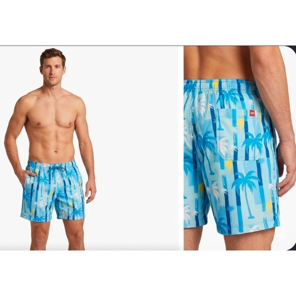 Party Sharks Blue Swim Trunks Size M Tropical Palm Tree Print Board Shorts